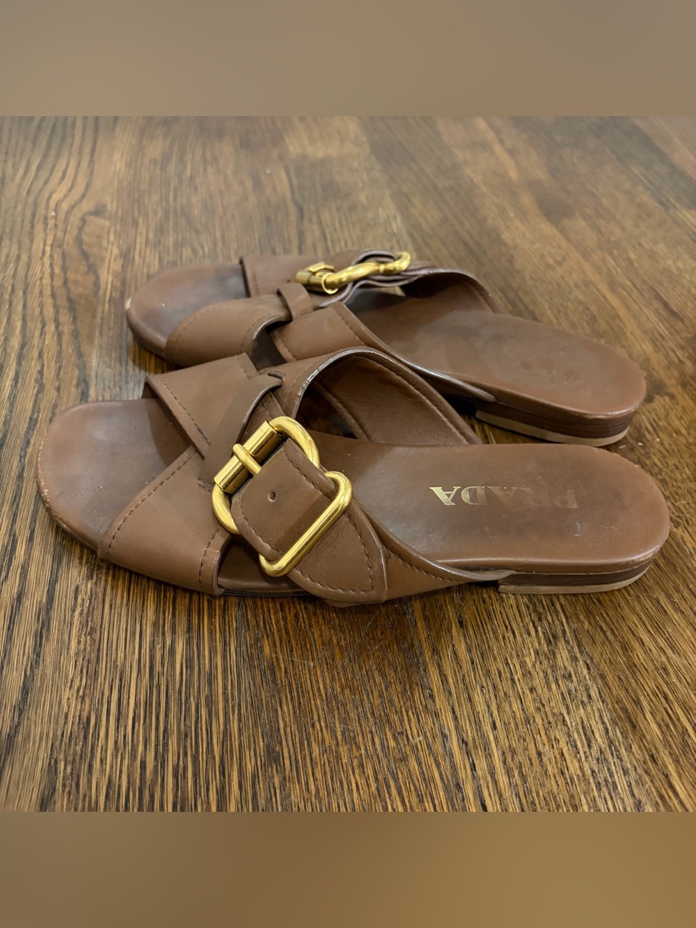 PRADA Crisscross Brown Leather Sandals Gold Buckle Size 36 US 6.5